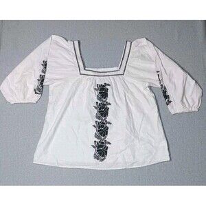 June Vie Romanian Peasant Embroidered Blouse L White Linen Blend Puffed Sleeve
